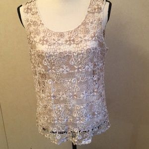 Adiva Crochet Lace Tank Khaki & White Sz L